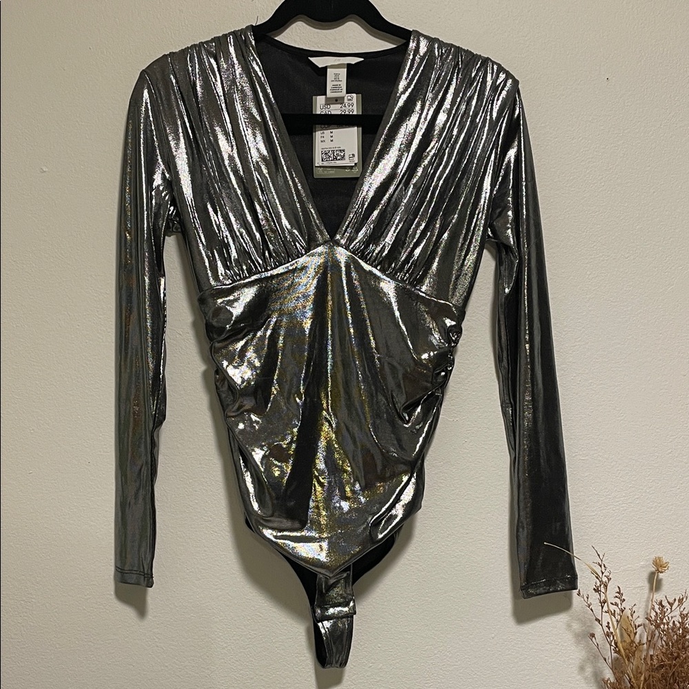 H&M Metallic Silver Long Sleeve Bodysuit